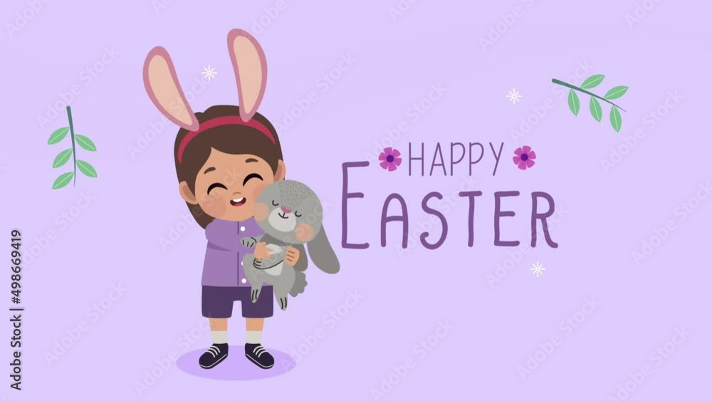 happy easter lettering with little girl lifting rabbit happy easter lettering with little girl lifting rabbit