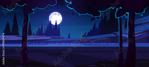 River with rocky shore and trees silhouettes at night. Vector cartoon illustration of summer landscape, countryside with water stream, stones, coniferous forest, full moon and stars in dark sky