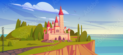 Fairy tale castle on island in sea. Vector cartoon summer mediterranean landscape with sea shore, green hills with trees and royal palace, medieval castle with towers