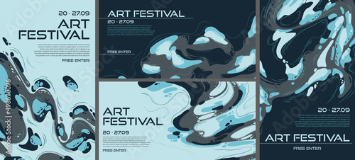 Abstract posters or flyers for art festival, creative backgrounds with discrete painting blue and grey colors, liquid stains, shapes and splashes. Paint decoration, modern design, Vector illustration