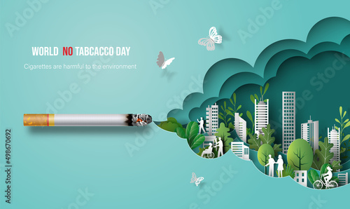 World No Tobacco day, a cigarette with a smoke design showing city dwellers.