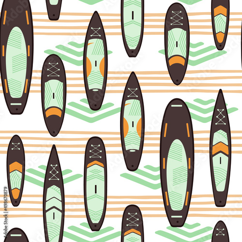 Stand Up Paddle Boarding SUP surfing elements seamless pattern vector illustration with SUPboard, waves in scandinavian style design in orange, green, brown colors on a white background.