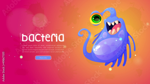 Bacteria cartoon web banner, cute one-eyed virus cell or germ character. Smiling pathogen monster, micro organism with funny happy face, toothy microbe with purple body, long tail Vector illustration