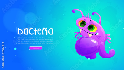 Cartoon web banner with cute bacteria or pathogen cell character. Funny virus, microbe, smiling micro organism, purple germ with antennas and fangs, allergy kids medical personage Vector illustration