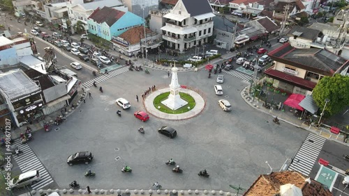 Aerial view of Tugu Yogyakarta Indonesia Landmark with busy traffic. photo