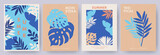Tropical Summer posters set in minimalist style. Abstract Botanical Wall Art, Contemporary art prints with abstract tropical leaves, monstera and modern typography. Templates for cover, branding, ads