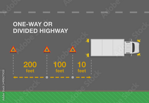 Heavy vehicle driving rules and tips. Hazard or warning triangle placement distance. Red breakdown triangle stands behind the broken truck on road side. Flat vector illustration template.