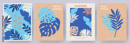 Tropical Summer posters set in minimalist style. Abstract Botanical Wall Art, Contemporary art prints with abstract tropical leaves, monstera and modern typography. Templates for cover, branding, ads
