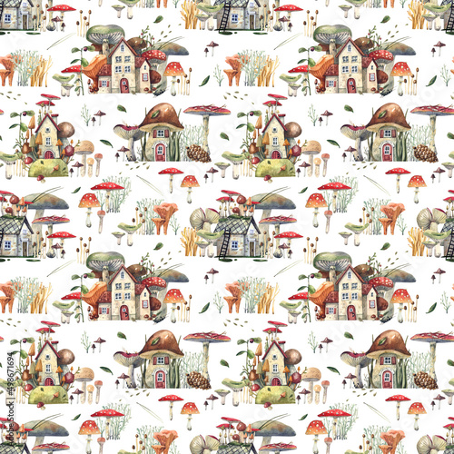 Watercolor seamless pattern with hand drawn forest houses and mushrooms. Stylish vintage background with fabulous houses. Texture in cottage cor style.