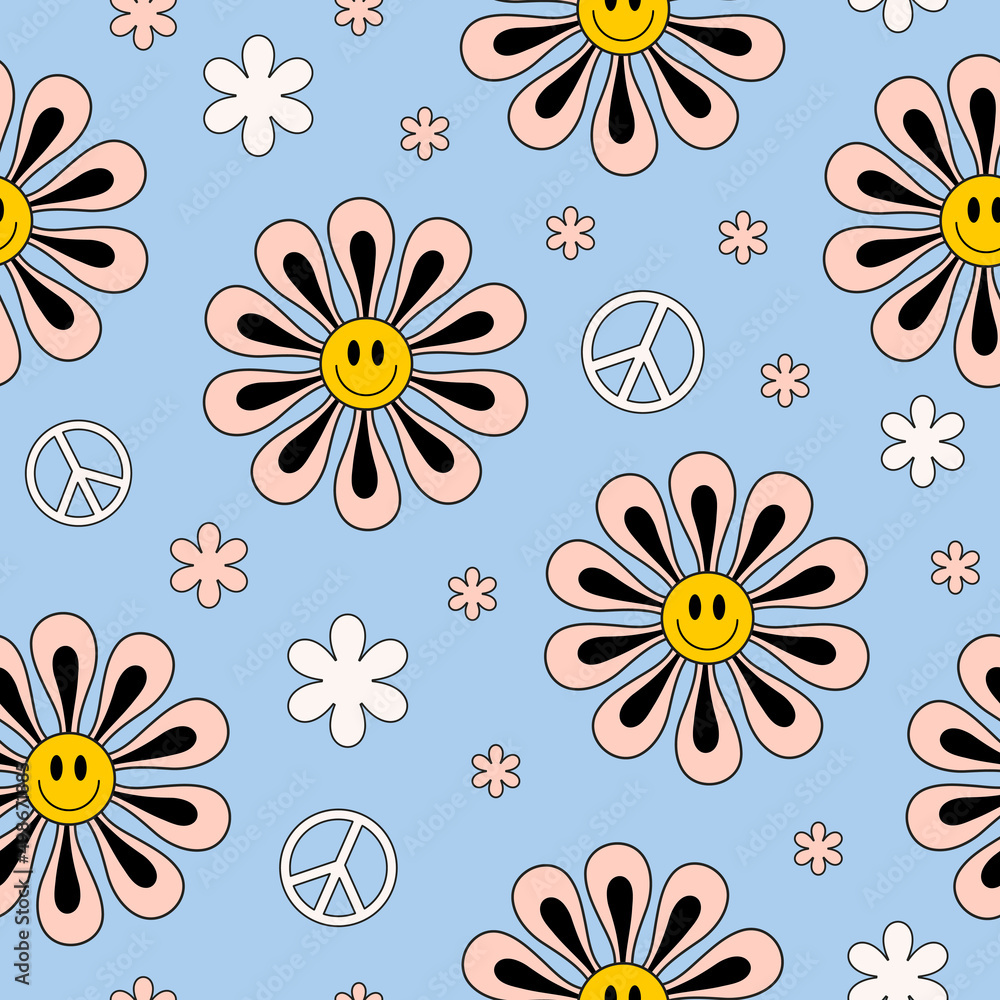 Retro groovy seamless pattern with cute smiling flowers and peace symbols  on blue background. Colorful trendy vector illustration in style 70s, 80s  Stock Vector | Adobe Stock