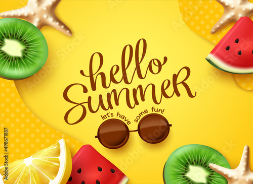 Summer greeting vector background design. Hello summer text in yellow space with watermelon, kiwi and lemon tropical fruits element for fun and enjoy holiday season. Vector illustration.