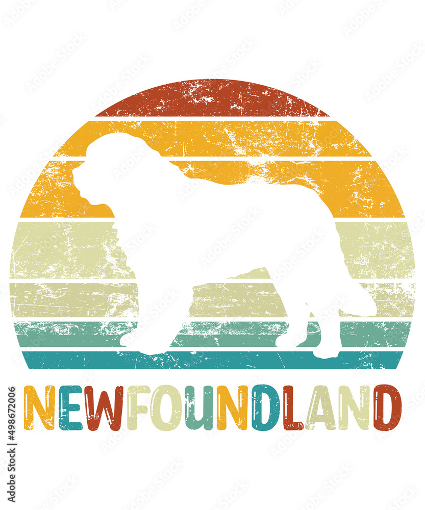 Newfoundland Retro Vintage Sunset T-shirt Design template, Newfoundland on Board, Car Window Sticker, POD, cover, Isolated white background, White Dog Silhouette Gift for Newfoundland Mastiff Lover