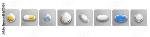 Blisters with one pill or tablet in pack, medicine capsules mock up. Isolated painkiller, antibiotics pharmacy, remedy package elements for medical advertising, Realistic 3d vector illustration, set