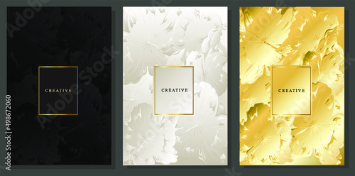 Luxury cover design. Hibiscus flowers pattern black, platinum and gold. Elegant brochures with hand-drawn floral motif