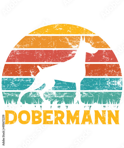 Dobermann Retro Vintage Sunset T-shirt Design template, Dobermann on Board, Car Window Sticker, POD, cover, Isolated white background, White Dog Silhouette Gift for Dobermann Lover