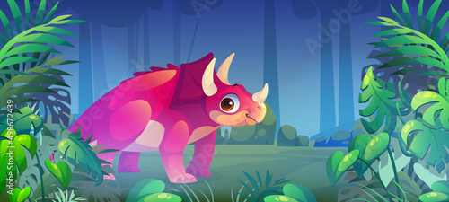Triceratops dinosaur in jungle, prehistoric wild animal on tropical forest background with palm tree leaves. Jurassic period ancient creature, game personage dino monster, Cartoon vector illustration