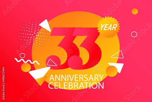 33 year anniversary celebration logotype. anniversary logo with orange and white color isolated on black background, vector design for celebration, invitation card, and greeting card - Vector