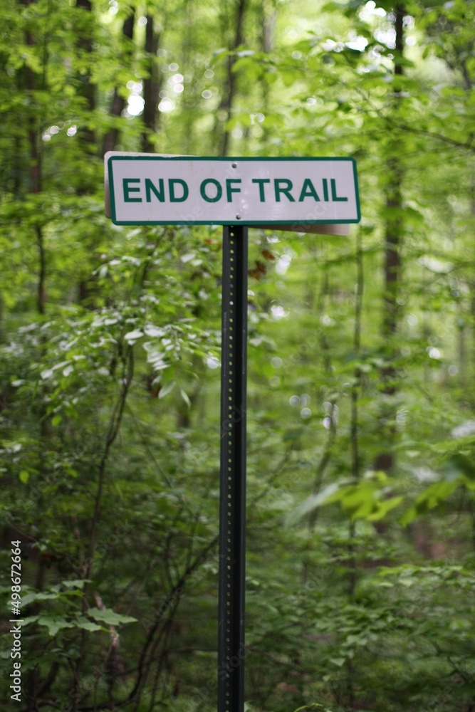 Signpost stating end of trail in the forest