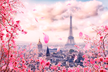 Papier peint photo Paris Paris au printemps cerisiers en fleurs  © Stockbym