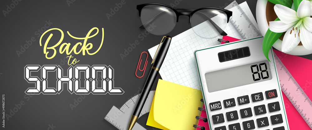 Back to school vector design. Back to school text with calculator,  eyeglasses and ball pen in study elements for educational learning copy  space decoration. Vector illustration. Stock Vector | Adobe Stock