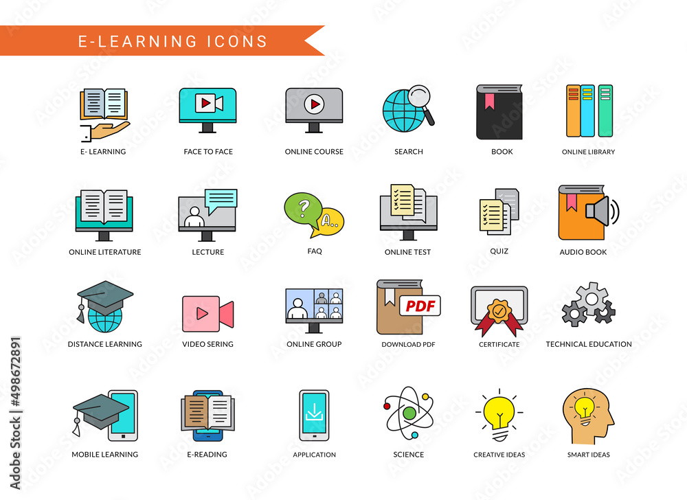 Dbe Elearning Icon E-learning icon vector set. Elearning study icons with educational ...