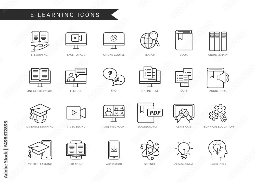 E-learning icon vector set. Elearning symbol icons in line drawing design with technology and knowledge symbol for online educational learning. Vector illustration.  