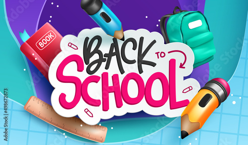 Back to school vector concept design. Back to school text with educational items of pencil, bag and book supplies in colorful background for kids educational study. Vector illustration.
