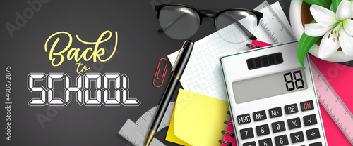 Back to school vector design. Back to school text with calculator, eyeglasses and ball pen in study elements for educational learning copy space decoration. Vector illustration.