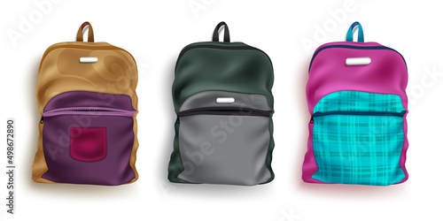 Backpack vector set design. 3d bag pack graphic collection isolated in white background with colorful pattern decoration for back to school educational bags. Vector illustration.