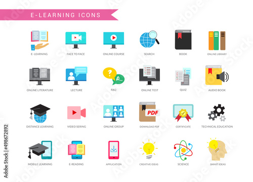 E-learning icons vector set. Educational elearning study icon with technology apps logo of message, search and graduation for internet online learning collection. Vector illustration.  
