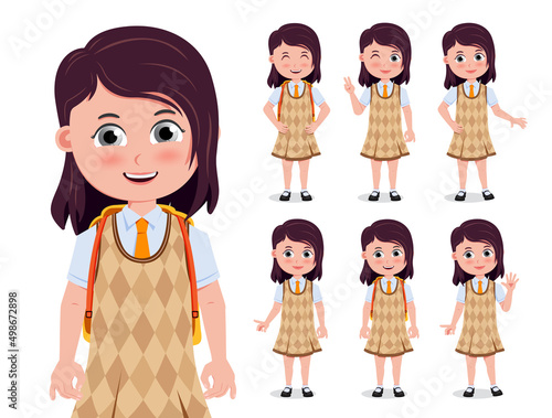 Student girl vector character set. School 3d female students in standing pose and happy facial expression for back to school friendly characters design. Vector illustration.