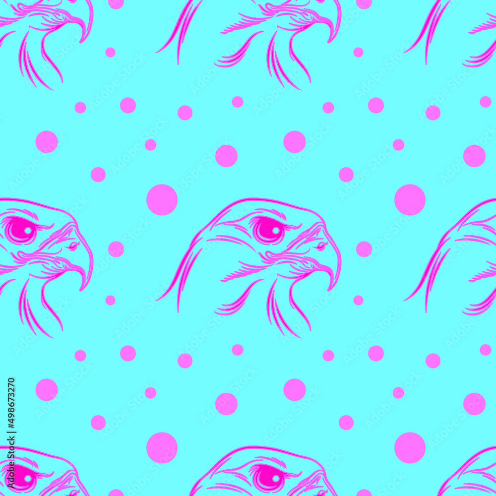 Eagle head pink on blue background, abstract seamless pattern, texture for fabric design, wallpaper and tile, vector illustration