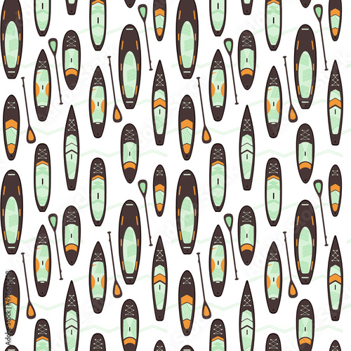 Stand Up Paddle Boarding SUP surfing elements seamless pattern vector illustration with SUPboard, waves in scandinavian style design in orange, green, brown colors on a white background.