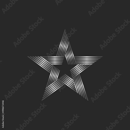 Silver striped star logo creative design many linear segments, parallel lines metallic gradient award sign.