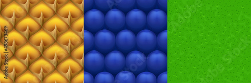 Textures of blueberries, pineapple and lime peel. Vector cartoon game backgrounds with seamless patterns of fresh ripe blackberry, ananas and green citrus rind surface