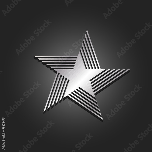 Shabby metal 3d star logo, five pointed star with abstract wings, worn surface texture effect.