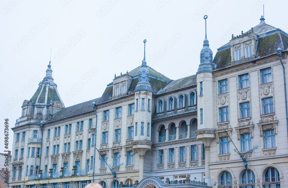 The front of the Aranybika, Golden Bull Hotel at Kossuth square in Debrecen, Hungary. Famous landmark. The oldest hotel in Hungary.