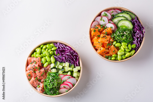 Vegan Poke bowl with Plant based seafood, salmon, tuna photo