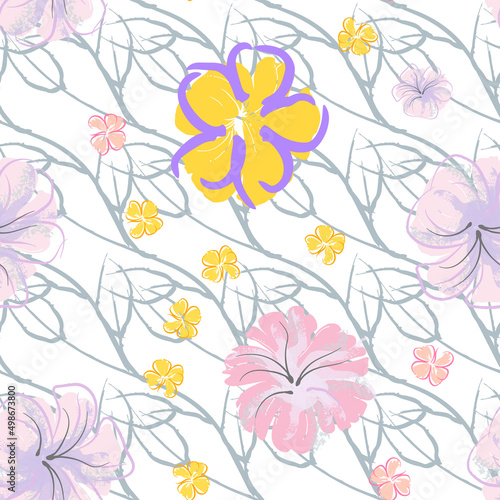 Pink Flowers Blooming Pattern. Pastel Watercolor.