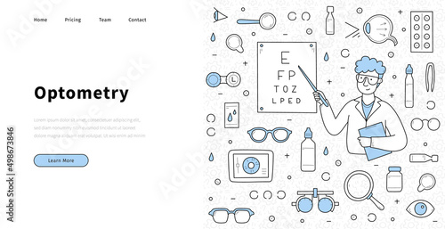 Optometry banner with doctor ophthalmologist in glasses with eye test chart. Vector landing page of ophthalmology medical check with hand drawn illustration of man optometrist, drops, pills and lenses