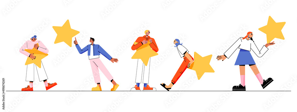 Fototapeta premium People holding gold stars. Concept of rate service quality, client feedback to app or product. Vector cartoon set of diverse characters with yellow stars isolated on white background