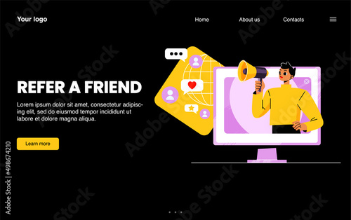 Refer friend banner. Business strategy of affiliate program, referral marketing. Vector night mode of landing page with flat illustration of man with megaphone on computer screen