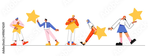 People holding gold stars. Concept of rate service quality, client feedback to app or product. Vector cartoon set of diverse characters with yellow stars isolated on white background