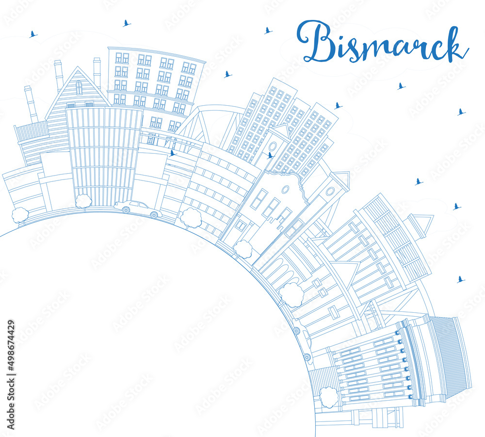 Outline Bismarck North Dakota City Skyline with Blue Buildings and Copy Space.