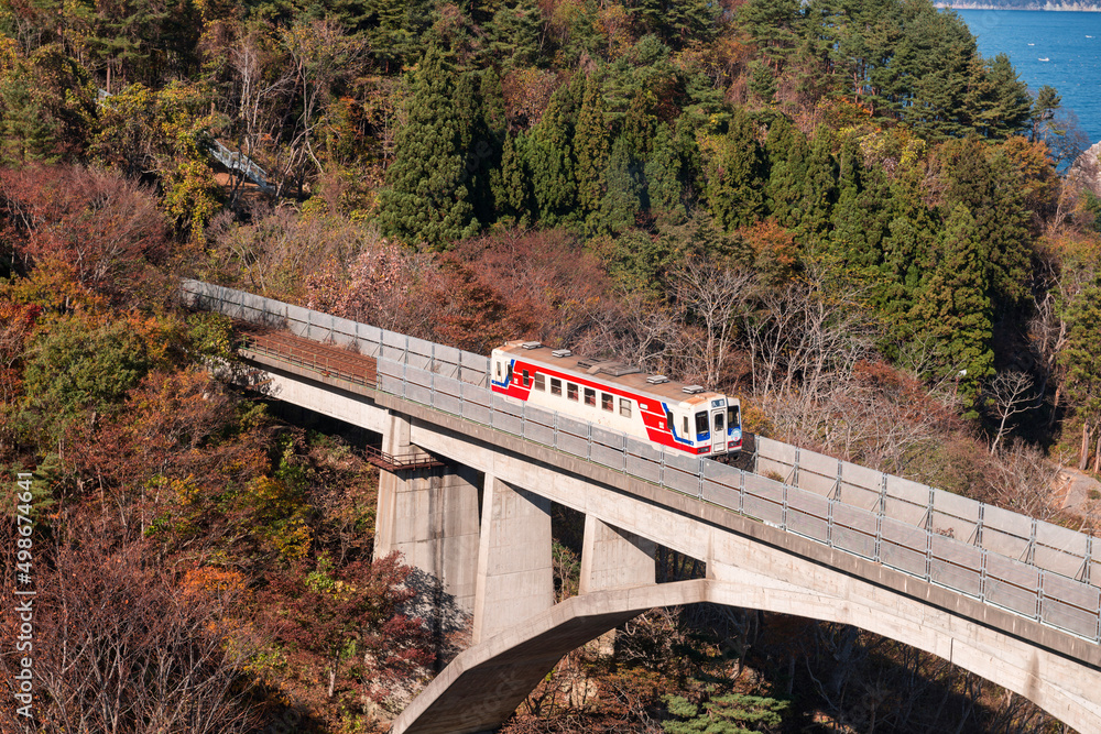 Fototapeta premium 秋の三陸鉄道北リアス線の列車と大沢橋梁 