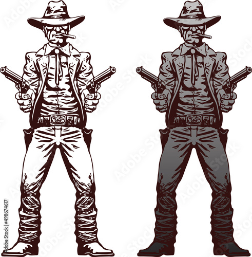 vector image of cowboy gangster bandits with revolvers at the ready in cartoon comic style