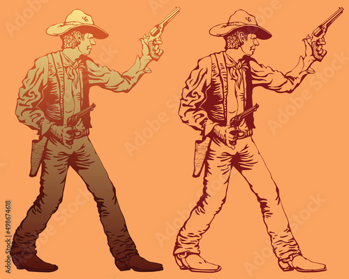 vector image of cowboy gangster bandits with revolvers at the ready in cartoon comic style