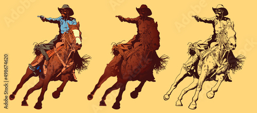 Fényképezés vector image of a cowboy in a hat on a horse with a lasso and a colt in the styl