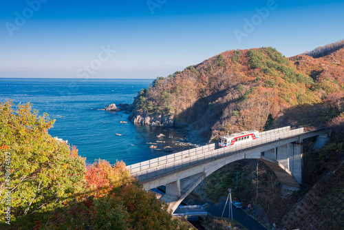 秋の三陸鉄道北リアス線の列車と大沢橋梁