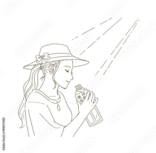 ビューティー　帽子をかぶり水を飲む女性のイラストレーション
